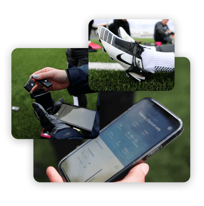 paltermaker soccer tracking sensor and mobile screen showing the playermaker soccer tracking app
