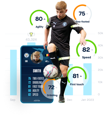 A young football player practicing with a football with his CITYPLAY app score overlayed on the background